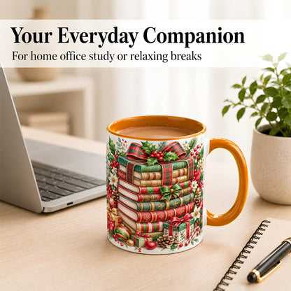 #pl[11oz|Orange] Watercolor Christmas Books Coffee Mug, Plaid Bow Mug, Ceramic Cup