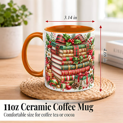 #pl[11oz|Orange] Watercolor Christmas Books Coffee Mug, Plaid Bow Mug, Ceramic Cup