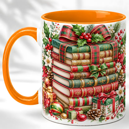 #pl[11oz|Orange] Watercolor Christmas Books Coffee Mug, Plaid Bow Mug, Ceramic Cup