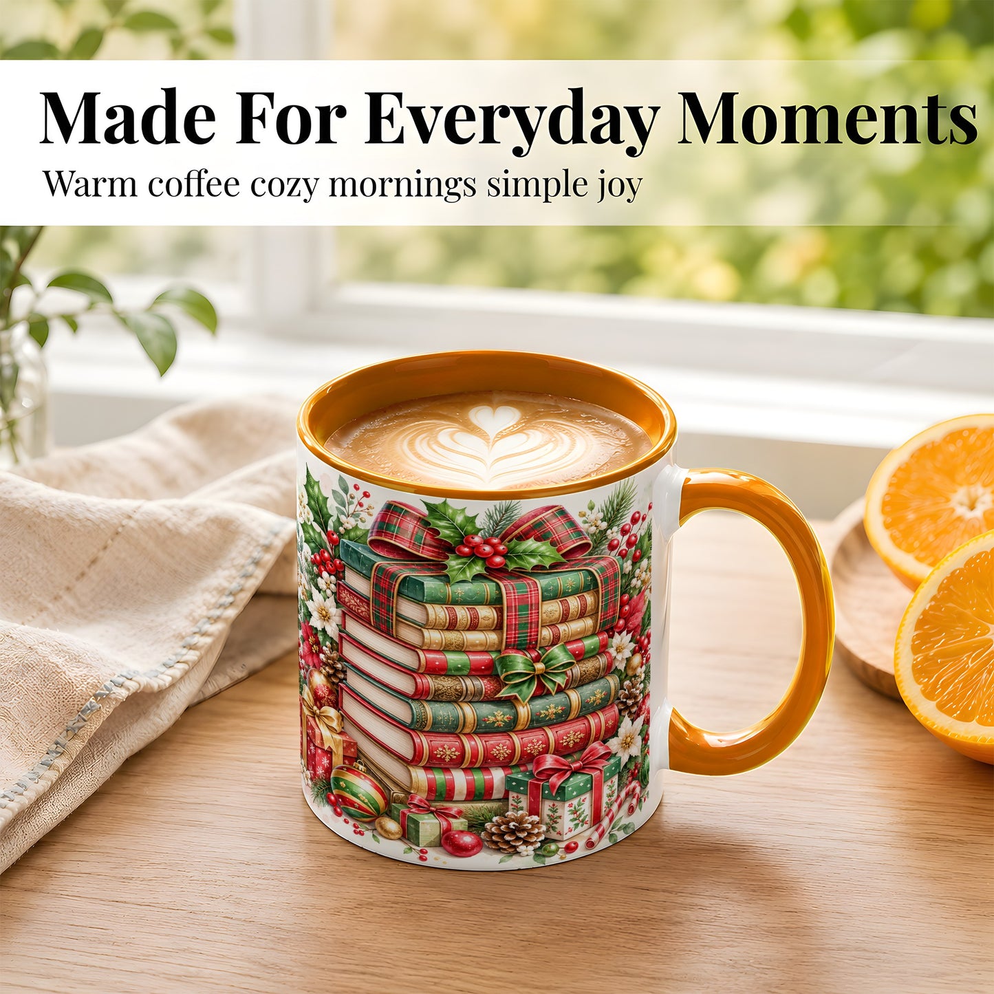 #pl[11oz|Orange] Watercolor Christmas Books Coffee Mug, Plaid Bow Mug, Ceramic Cup