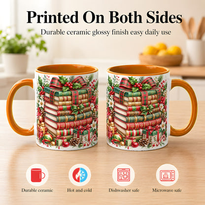 #pl[11oz|Orange] Watercolor Christmas Books Coffee Mug, Plaid Bow Mug, Ceramic Cup