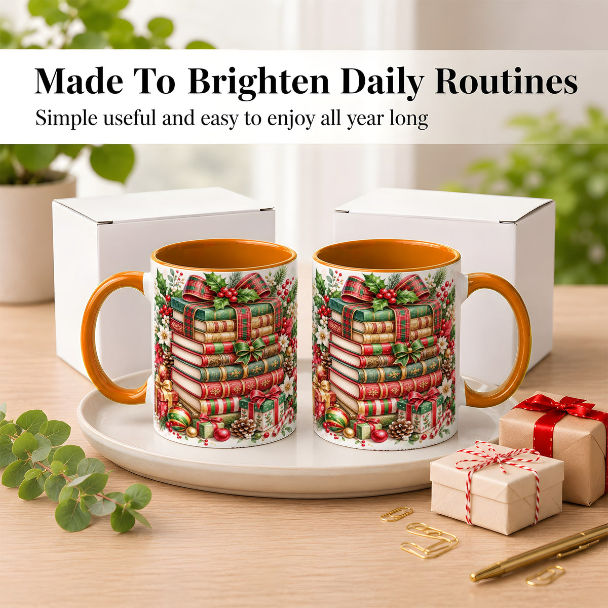 #pl[11oz|Orange] Watercolor Christmas Books Coffee Mug, Plaid Bow Mug, Ceramic Cup