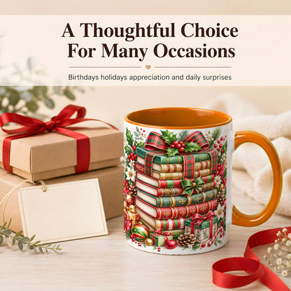 #pl[11oz|Orange] Watercolor Christmas Books Coffee Mug, Plaid Bow Mug, Ceramic Cup