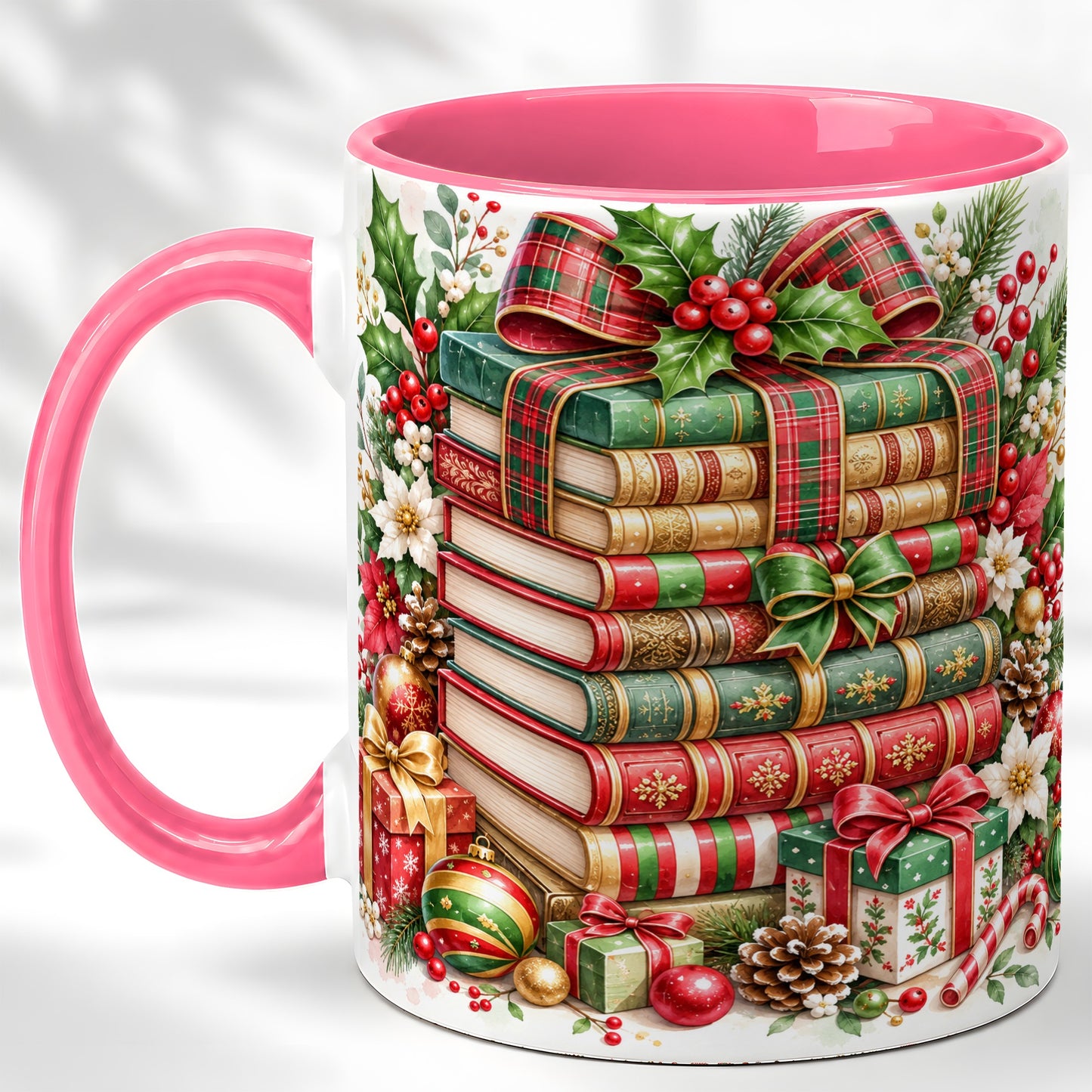 #pl[11oz|Pink] Watercolor Christmas Books Coffee Mug, Plaid Bow Mug, Ceramic Cup