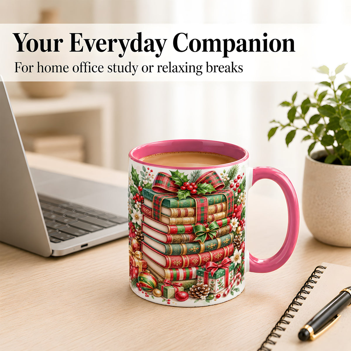#pl[11oz|Pink] Watercolor Christmas Books Coffee Mug, Plaid Bow Mug, Ceramic Cup