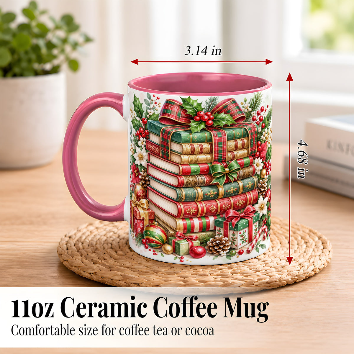 #pl[11oz|Pink] Watercolor Christmas Books Coffee Mug, Plaid Bow Mug, Ceramic Cup