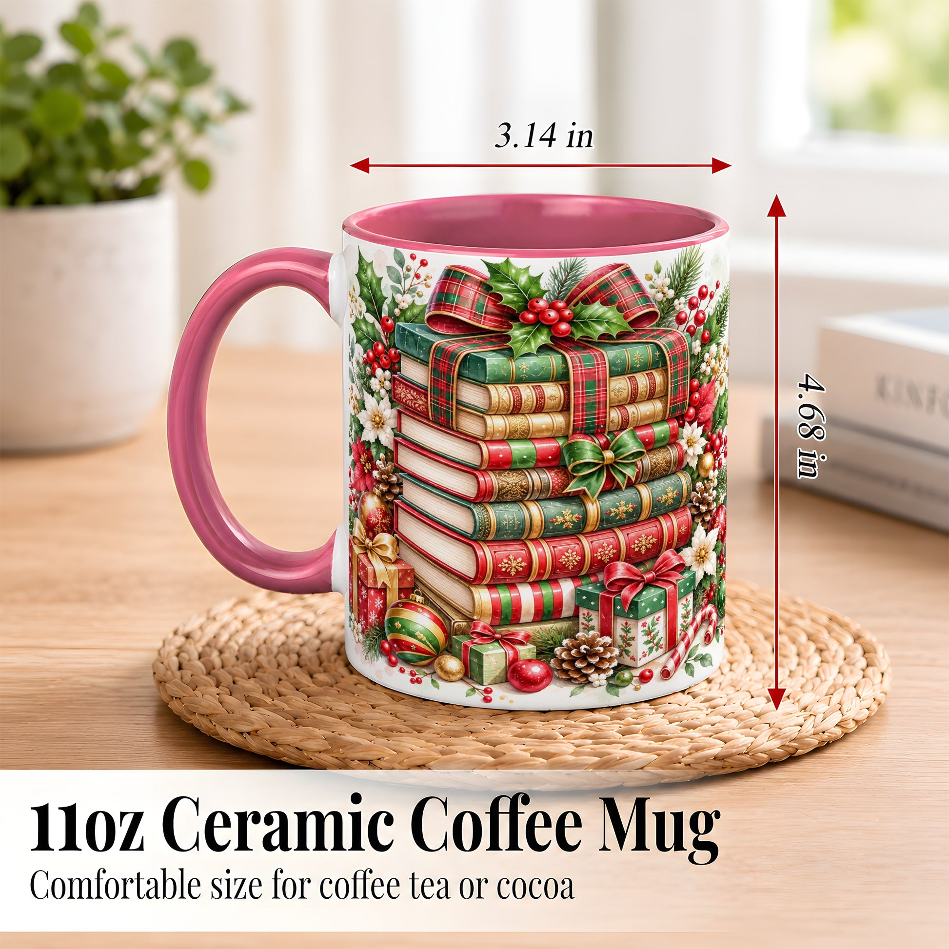 #pl[11oz|Pink] Watercolor Christmas Books Coffee Mug, Plaid Bow Mug, Ceramic Cup