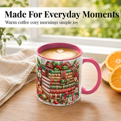 #pl[11oz|Pink] Watercolor Christmas Books Coffee Mug, Plaid Bow Mug, Ceramic Cup