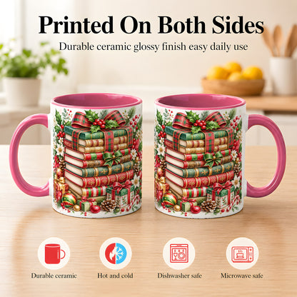 #pl[11oz|Pink] Watercolor Christmas Books Coffee Mug, Plaid Bow Mug, Ceramic Cup