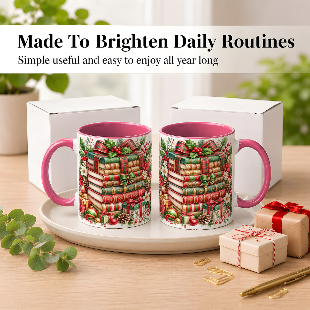 #pl[11oz|Pink] Watercolor Christmas Books Coffee Mug, Plaid Bow Mug, Ceramic Cup