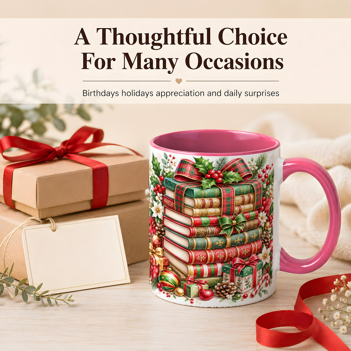 #pl[11oz|Pink] Watercolor Christmas Books Coffee Mug, Plaid Bow Mug, Ceramic Cup