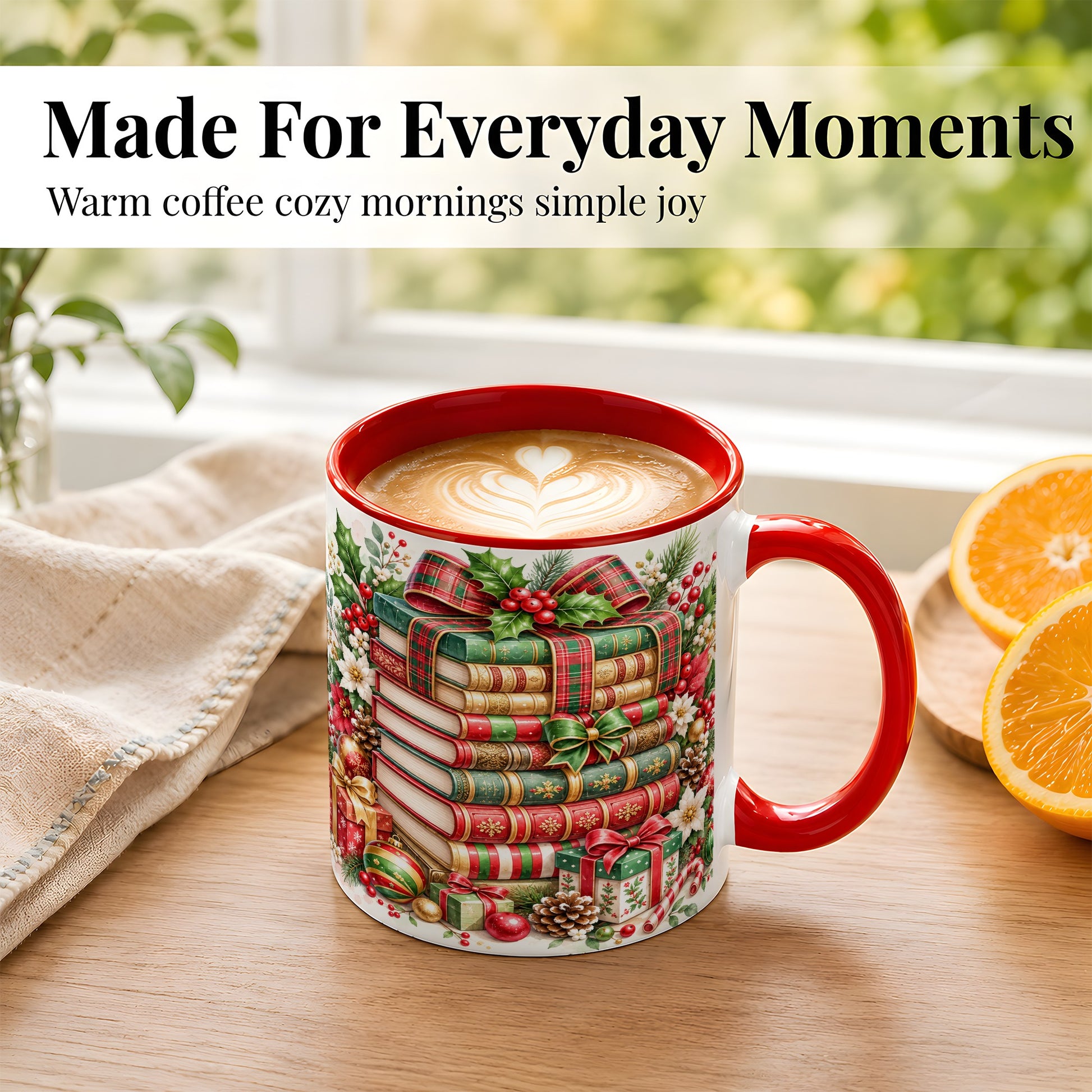 #pl[11oz|Red] Watercolor Christmas Books Coffee Mug, Plaid Bow Mug, Ceramic Cup