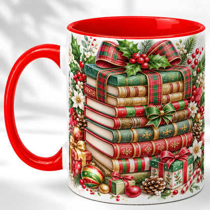 Watercolor Christmas Books Coffee Mug, Plaid Bow Mug, Ceramic Cup
