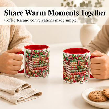 #pl[11oz|Red] Watercolor Christmas Books Coffee Mug, Plaid Bow Mug, Ceramic Cup