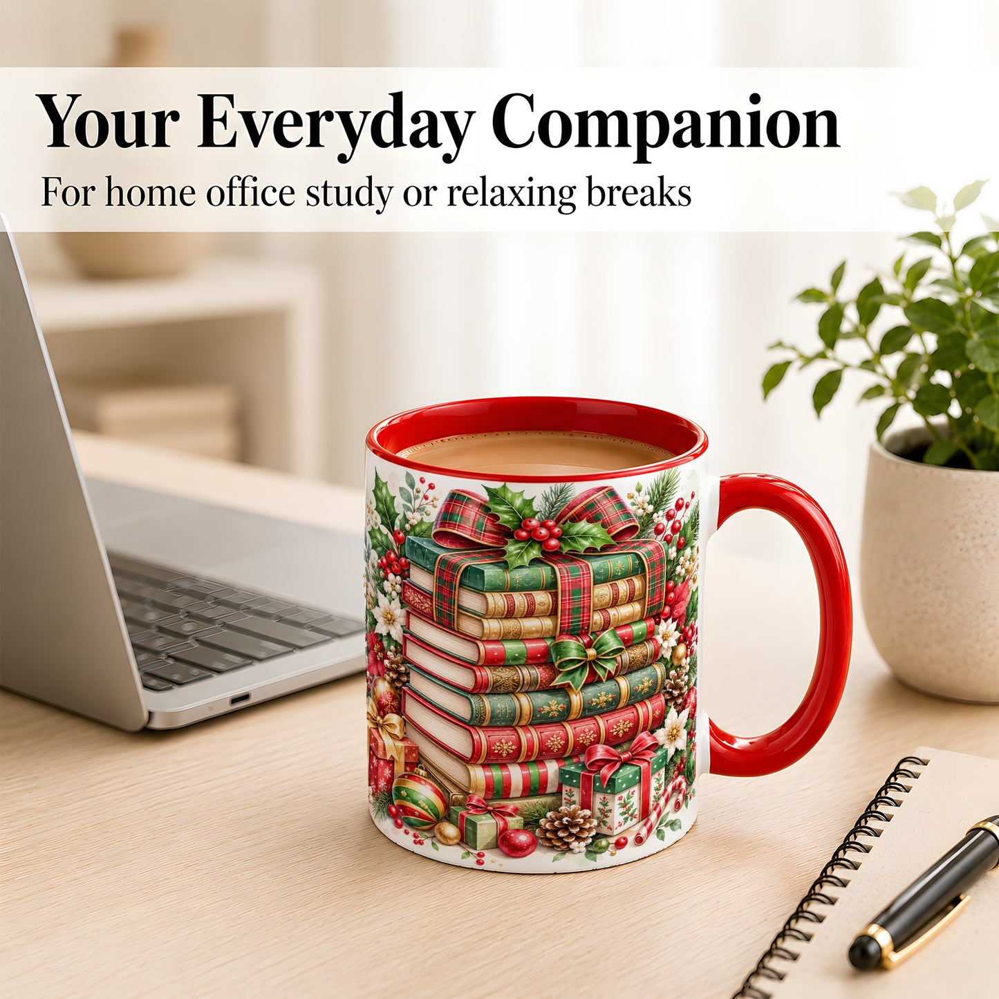 #pl[11oz|Red] Watercolor Christmas Books Coffee Mug, Plaid Bow Mug, Ceramic Cup
