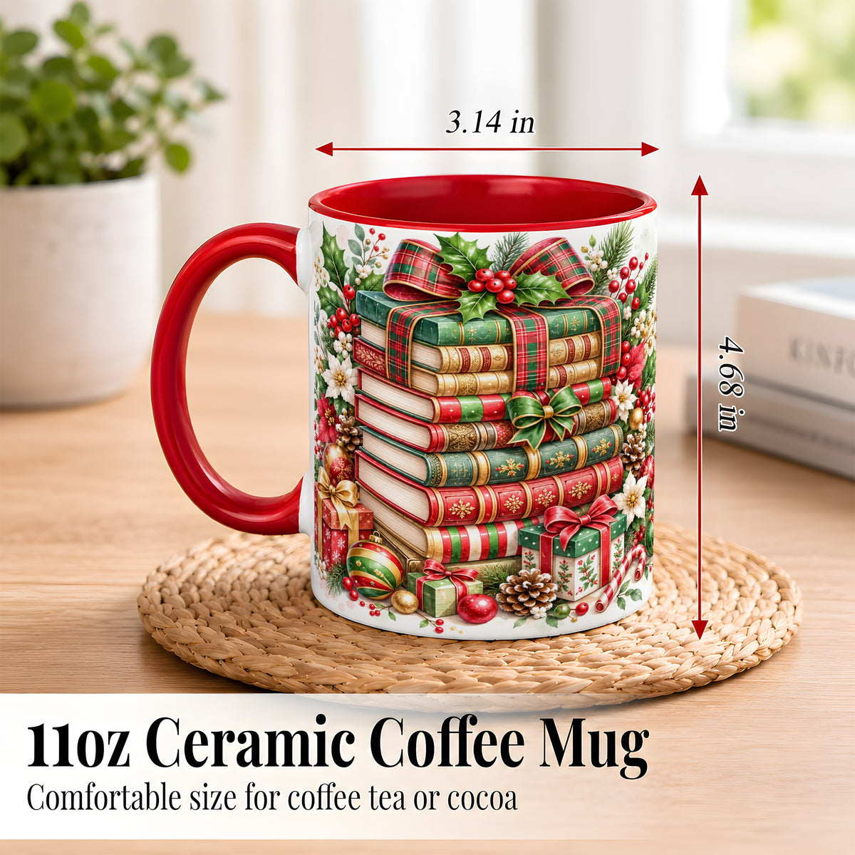#pl[11oz|Red] Watercolor Christmas Books Coffee Mug, Plaid Bow Mug, Ceramic Cup