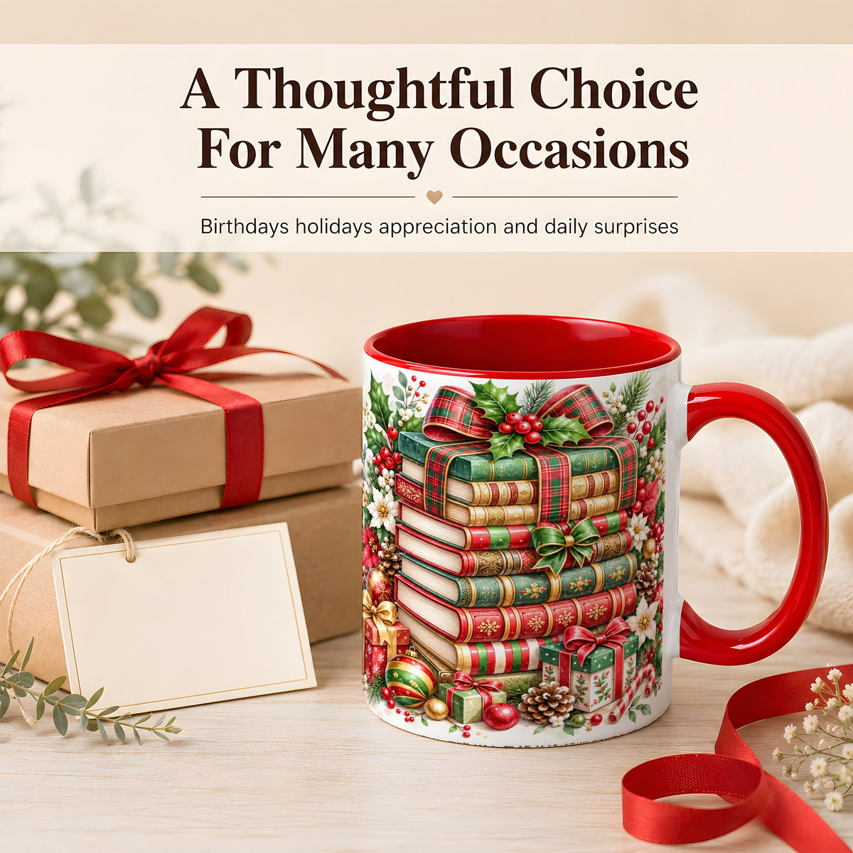 #pl[11oz|Red] Watercolor Christmas Books Coffee Mug, Plaid Bow Mug, Ceramic Cup