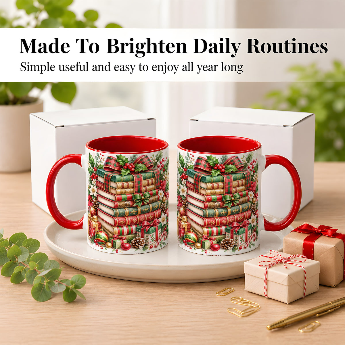 #pl[11oz|Red] Watercolor Christmas Books Coffee Mug, Plaid Bow Mug, Ceramic Cup