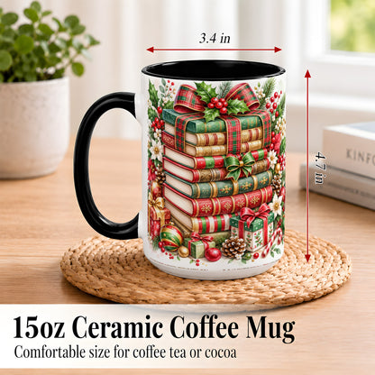 #pl[15oz|Black] Watercolor Christmas Books Coffee Mug, Plaid Bow Mug, Ceramic Cup