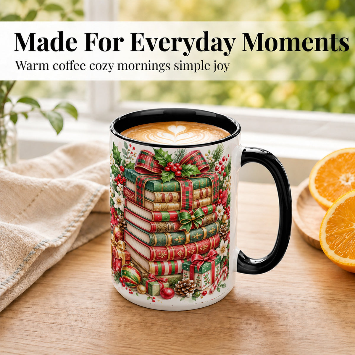 #pl[15oz|Black] Watercolor Christmas Books Coffee Mug, Plaid Bow Mug, Ceramic Cup