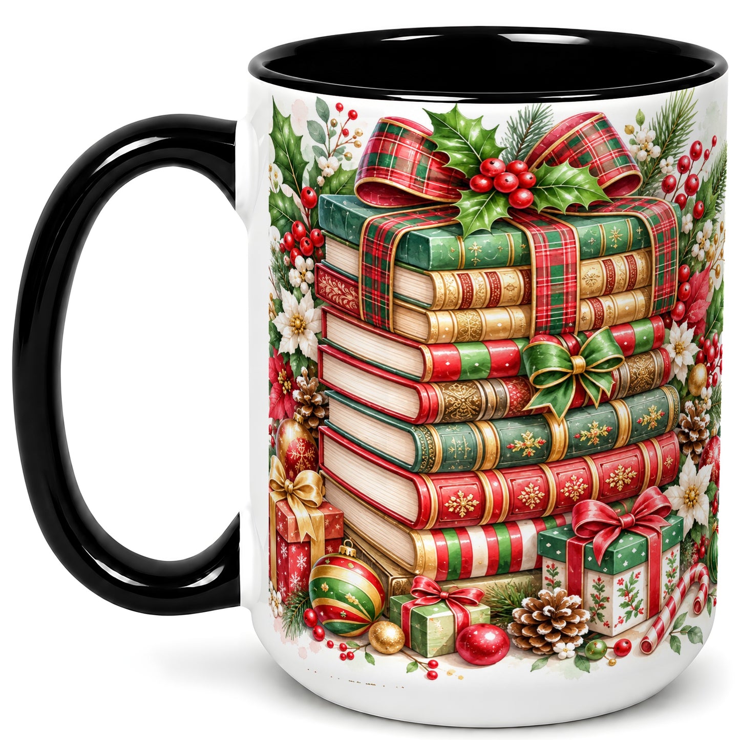 #pl[15oz|Black] Watercolor Christmas Books Coffee Mug, Plaid Bow Mug, Ceramic Cup