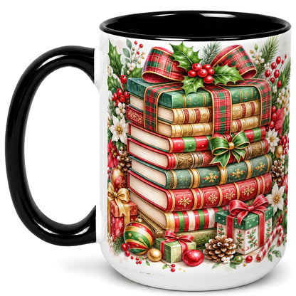 #pl[15oz|Black] Watercolor Christmas Books Coffee Mug, Plaid Bow Mug, Ceramic Cup