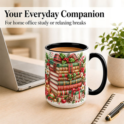 #pl[15oz|Black] Watercolor Christmas Books Coffee Mug, Plaid Bow Mug, Ceramic Cup