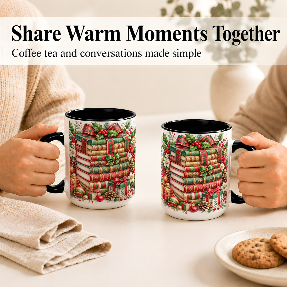 #pl[15oz|Black] Watercolor Christmas Books Coffee Mug, Plaid Bow Mug, Ceramic Cup