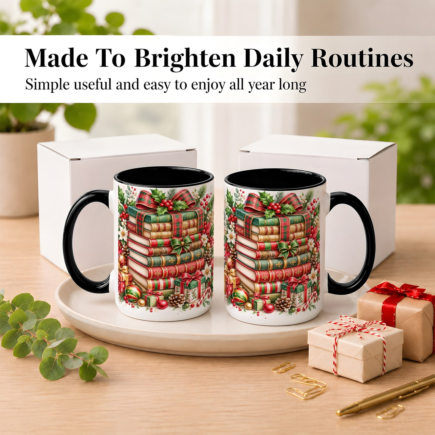 #pl[15oz|Black] Watercolor Christmas Books Coffee Mug, Plaid Bow Mug, Ceramic Cup