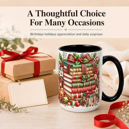 #pl[15oz|Black] Watercolor Christmas Books Coffee Mug, Plaid Bow Mug, Ceramic Cup