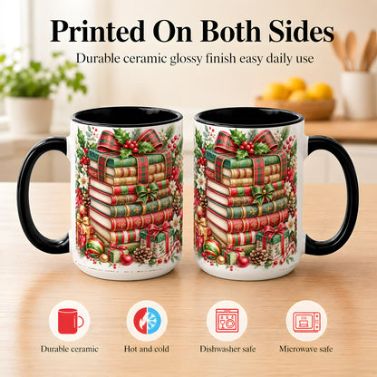 #pl[15oz|Black] Watercolor Christmas Books Coffee Mug, Plaid Bow Mug, Ceramic Cup