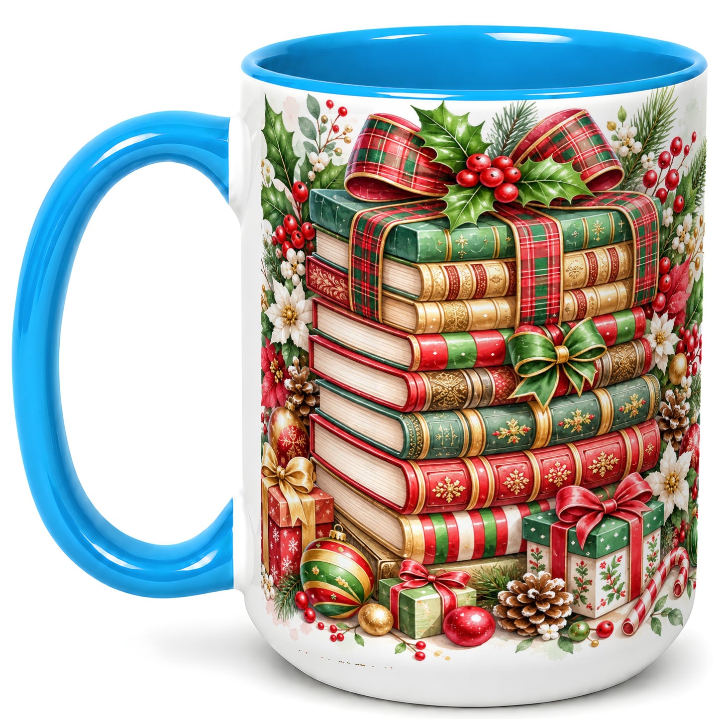 #pl[15oz|Blue] Watercolor Christmas Books Coffee Mug, Plaid Bow Mug, Ceramic Cup