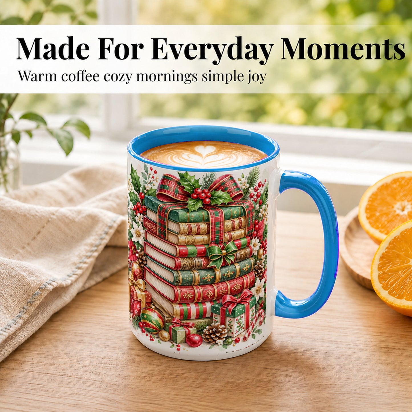 #pl[15oz|Blue] Watercolor Christmas Books Coffee Mug, Plaid Bow Mug, Ceramic Cup