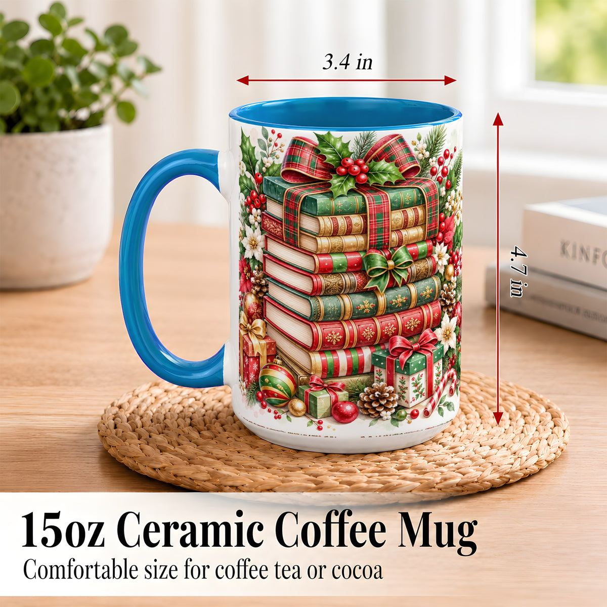#pl[15oz|Blue] Watercolor Christmas Books Coffee Mug, Plaid Bow Mug, Ceramic Cup