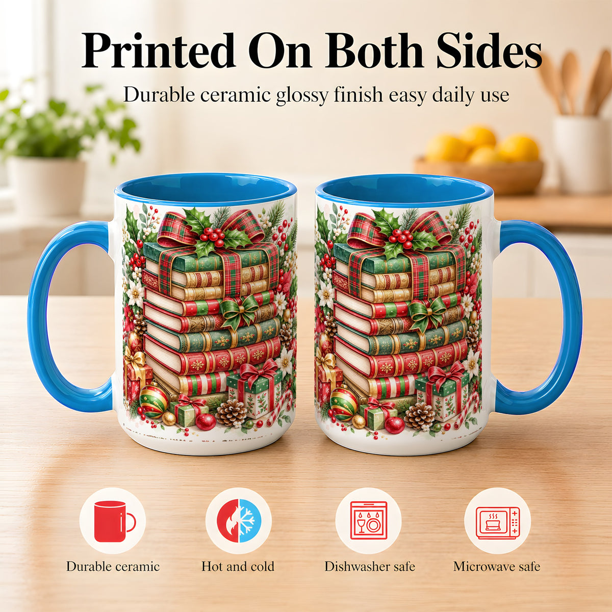#pl[15oz|Blue] Watercolor Christmas Books Coffee Mug, Plaid Bow Mug, Ceramic Cup