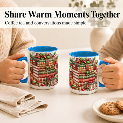 #pl[15oz|Blue] Watercolor Christmas Books Coffee Mug, Plaid Bow Mug, Ceramic Cup