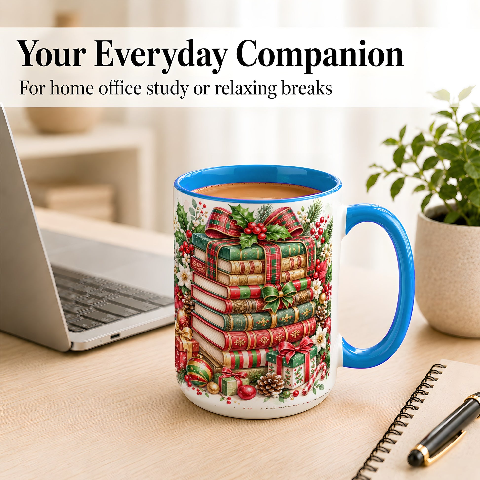 #pl[15oz|Blue] Watercolor Christmas Books Coffee Mug, Plaid Bow Mug, Ceramic Cup