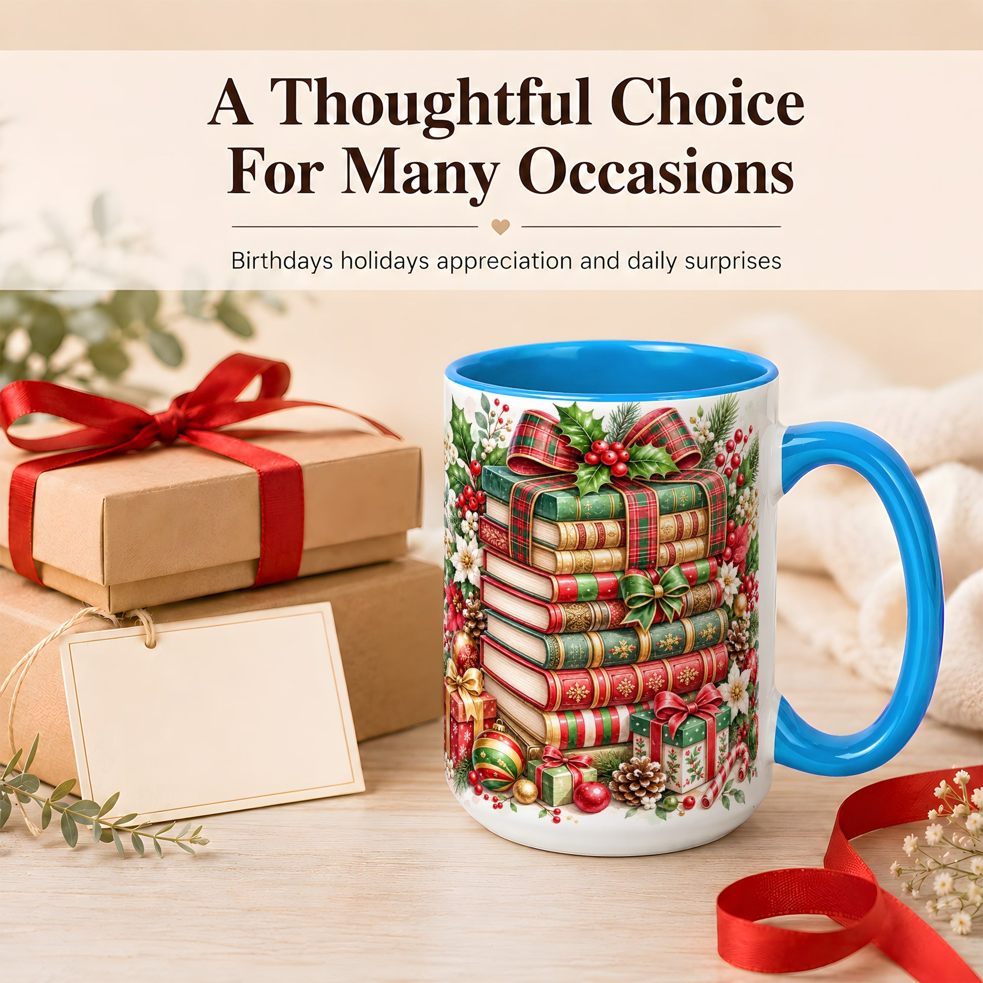#pl[15oz|Blue] Watercolor Christmas Books Coffee Mug, Plaid Bow Mug, Ceramic Cup