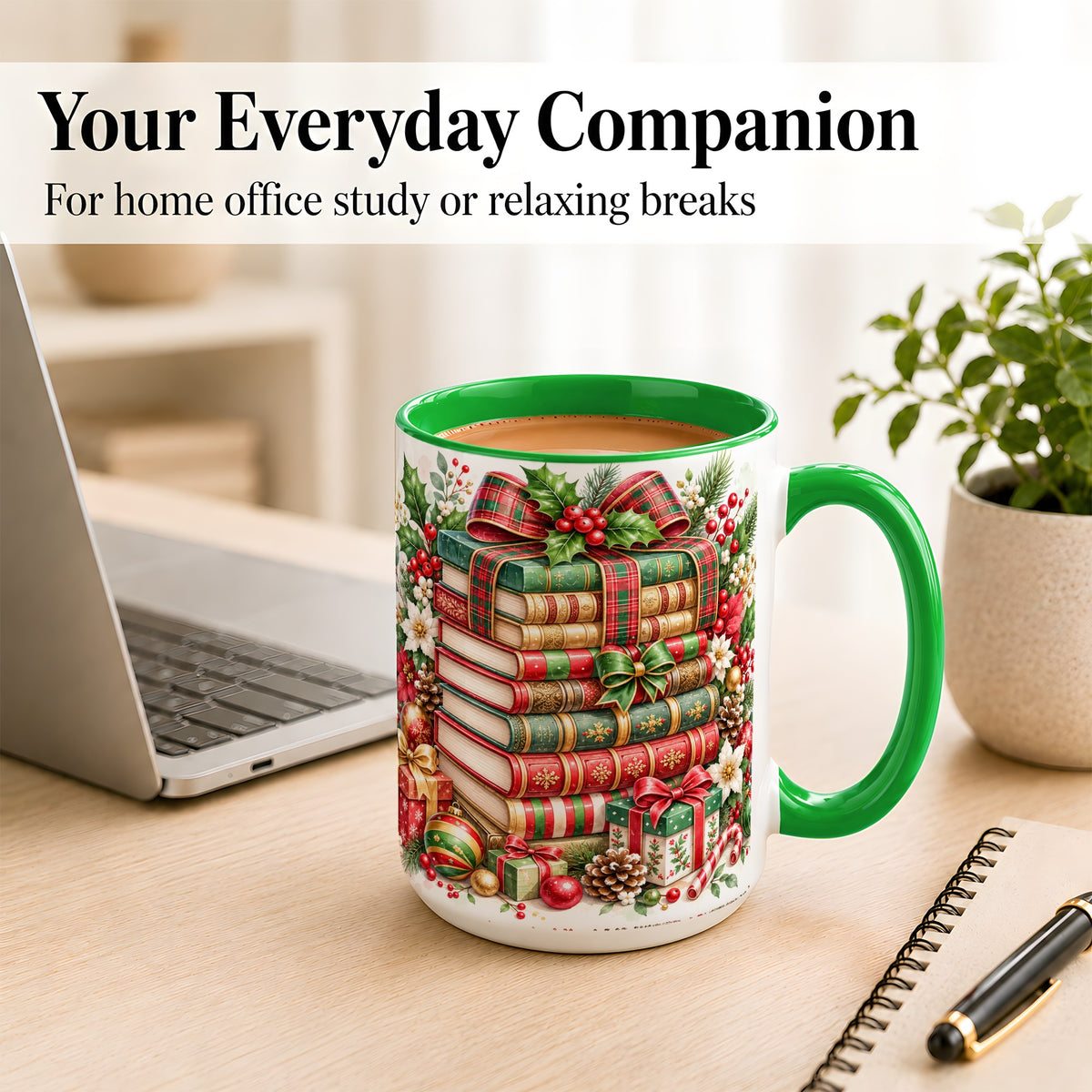 #pl[15oz|Green] Watercolor Christmas Books Coffee Mug, Plaid Bow Mug, Ceramic Cup