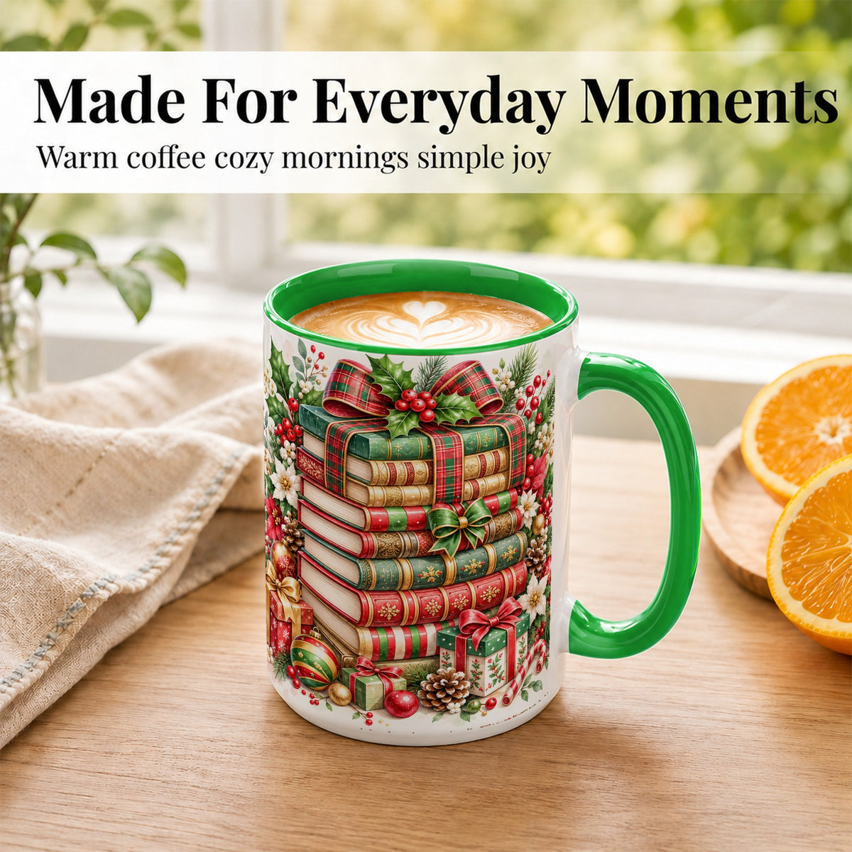 #pl[15oz|Green] Watercolor Christmas Books Coffee Mug, Plaid Bow Mug, Ceramic Cup