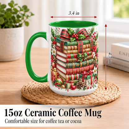#pl[15oz|Green] Watercolor Christmas Books Coffee Mug, Plaid Bow Mug, Ceramic Cup