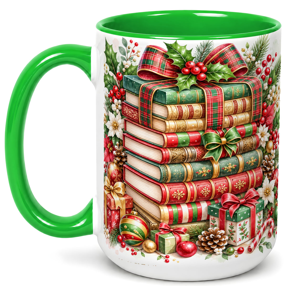 #pl[15oz|Green] Watercolor Christmas Books Coffee Mug, Plaid Bow Mug, Ceramic Cup