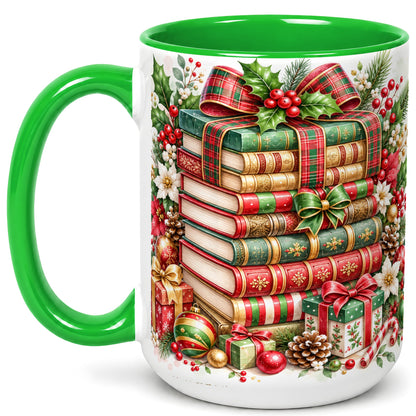 #pl[15oz|Green] Watercolor Christmas Books Coffee Mug, Plaid Bow Mug, Ceramic Cup