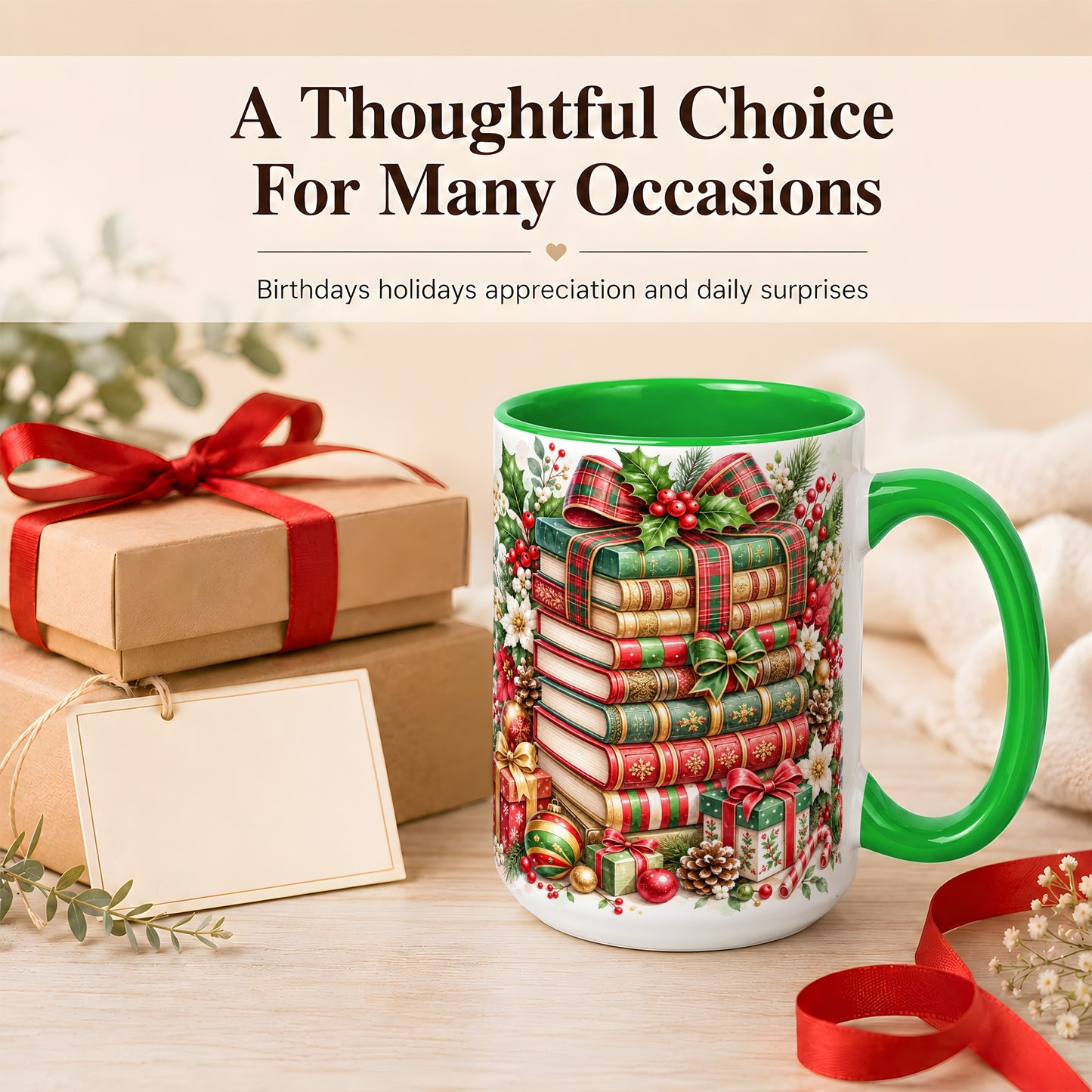 #pl[15oz|Green] Watercolor Christmas Books Coffee Mug, Plaid Bow Mug, Ceramic Cup
