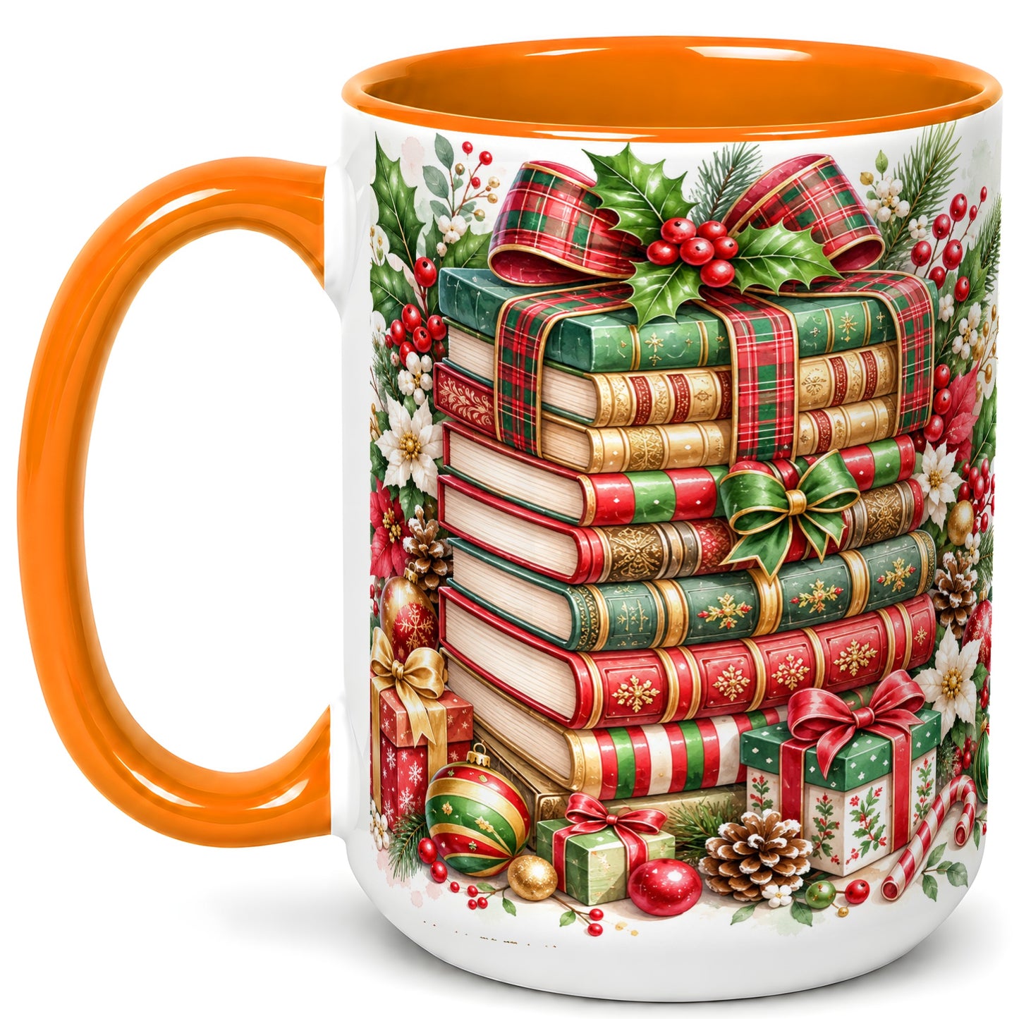 #pl[15oz|Orange] Watercolor Christmas Books Coffee Mug, Plaid Bow Mug, Ceramic Cup