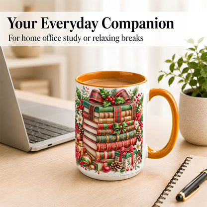 #pl[15oz|Orange] Watercolor Christmas Books Coffee Mug, Plaid Bow Mug, Ceramic Cup