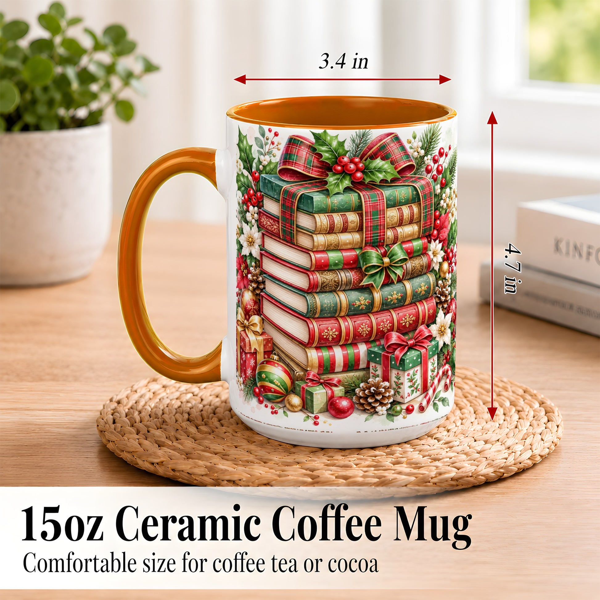 #pl[15oz|Orange] Watercolor Christmas Books Coffee Mug, Plaid Bow Mug, Ceramic Cup