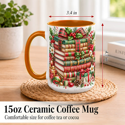 #pl[15oz|Orange] Watercolor Christmas Books Coffee Mug, Plaid Bow Mug, Ceramic Cup