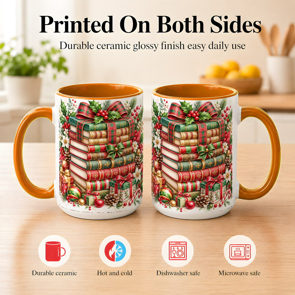#pl[15oz|Orange] Watercolor Christmas Books Coffee Mug, Plaid Bow Mug, Ceramic Cup