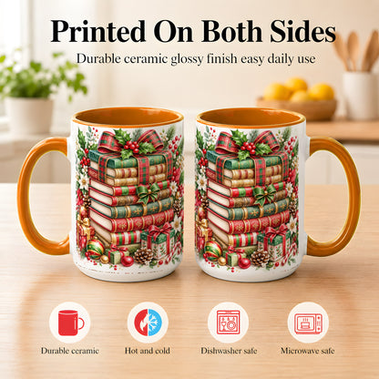 #pl[15oz|Orange] Watercolor Christmas Books Coffee Mug, Plaid Bow Mug, Ceramic Cup